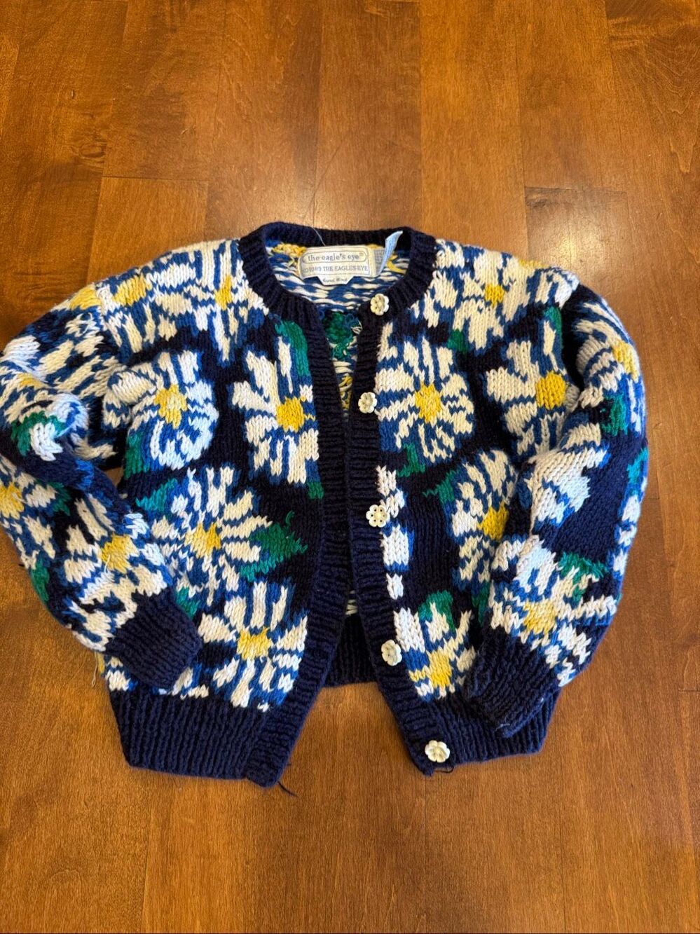 Vintage 1989 The Eagle’s Eye Hand Knit Floral Cardigan Sweater Kids Size 4-5